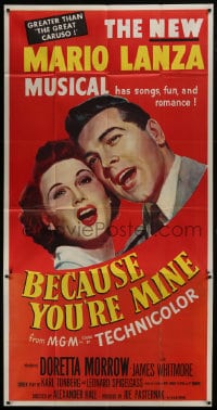 8b631 BECAUSE YOU'RE MINE 3sh 1952 enormous c/u art of singing Mario Lanza, songs, fun & romance!