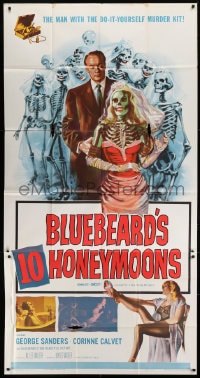 8b642 BLUEBEARD'S 10 HONEYMOONS 3sh 1960 wild art of George Sanders with skeleton brides!