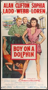8b649 BOY ON A DOLPHIN 3sh 1957 art of Alan Ladd & sexy Sophia Loren full-length & underwater!