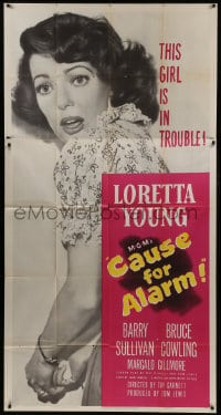 8b665 CAUSE FOR ALARM 3sh 1950 great huge close up image Loretta Young, and she is in trouble!