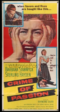 8b680 CRIME OF PASSION 3sh 1957 different image of horrified Barbara Stanwyck & Sterling Hayden!