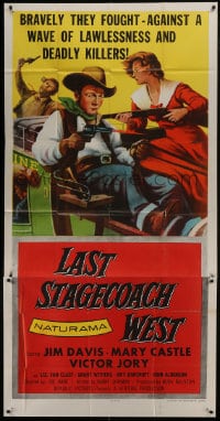 8b790 LAST STAGECOACH WEST 3sh 1957 art of Jim Davis & Mary Castle w/guns on runaway stagecoach!