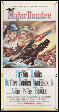 8b810 MAJOR DUNDEE 3sh 1965 Sam Peckinpah, Charlton Heston, Civil War battle art by Rehberger!