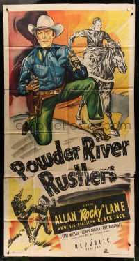 8b874 POWDER RIVER RUSTLERS 3sh 1949 cowboy Rocky Lane stops a fake railroad agent, cool art, rare!