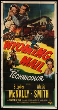 8b992 WYOMING MAIL 3sh 1950 artwork of Stephen McNally, Alexis Smith & train hijacked by outlaws!