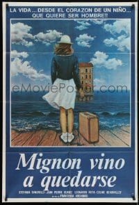 8b546 MIGNON HAS COME TO STAY Argentinean 1988 Pitzalis art of woman & suitcase at water's edge!