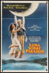 8b548 MOON OVER PARADOR Argentinean 1988 art of Richard Dreyfuss & Sonia Braga hanging from moon!