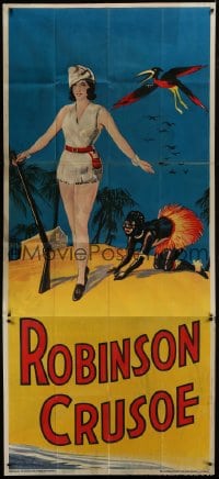8b090 ROBINSON CRUSOE stage play English 3sh 1930s full-length with Friday & bird by cabin!