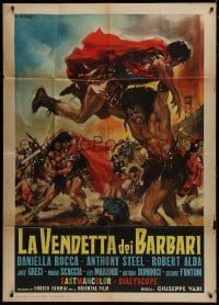 8b282 REVENGE OF THE BARBARIANS Italian 1p 1960 Casaro art of huge men fighting Roman soldiers!