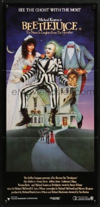8c795 BEETLEJUICE Aust daybill 1988 Tim Burton, Ramsey art of Keaton, Baldwin & Geena Davis!