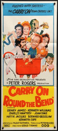 8c808 CARRY ON ROUND THE BEND Aust daybill 1971 Sidney James, Kenneth Williams, wacky art!