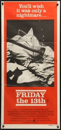 8c842 FRIDAY THE 13th Aust daybill 1980 Joann art of axe in pillow, wish it was a nightmare!