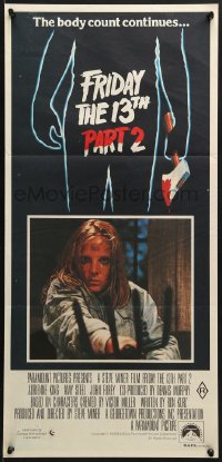 8c843 FRIDAY THE 13th PART II Aust daybill 1981 Amy Steel with pitchfork in slasher horror sequel!