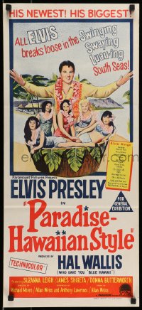8c915 PARADISE - HAWAIIAN STYLE Aust daybill 1966 art of Elvis Presley& beach babes!