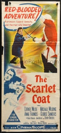 8c937 SCARLET COAT Aust daybill 1955 romantic art of Cornel Wilde & Anne Francis, John Sturges directed!