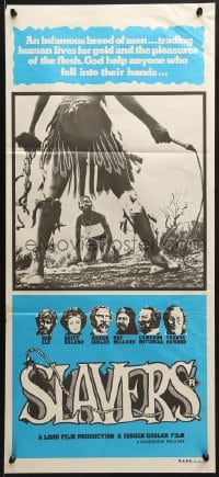 8c941 SLAVERS Aust daybill 1978 Ron Ely, Britt Ekland, cool image of native w/whip & chains!