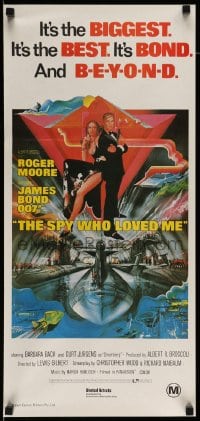 8c947 SPY WHO LOVED ME Aust daybill R1980s great art of Roger Moore as James Bond 007 by Bob Peak!