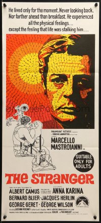 8c956 STRANGER Aust daybill 1968 Luchino Visconti's Lo Straniero, cool art of Mastroianni!