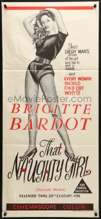8c967 THAT NAUGHTY GIRL Aust daybill 1958 full-length sexy Brigitte Bardot as Mam'zelle Pigalle!