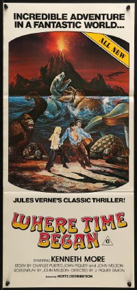 8c991 WHERE TIME BEGAN Aust daybill 1980 Jules Verne, Campanil art of stars & gigantic dinosaurs!
