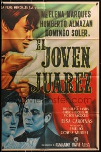 8c353 EL JOVEN JUAREZ Mexican poster 1954 art of Maria Elena Marques & stars over Mexican flag!