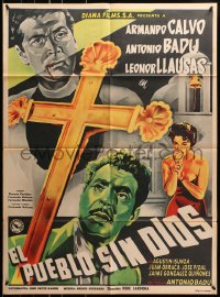 8c359 EL PUEBLO SIN DIOS Mexican poster 1955 Leonor Llausas, Calvo, Badu, religious melodrama!