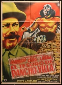 8c363 EL TESORO DE PANCHO VILLA Mexican poster 1954 art of masked wrestler & pile of gold by Diaz!