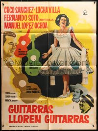 8c366 GUITARRAS LLOREN GUITARRAS Mexican poster 1965 Miguel M. Delgado, art of cast and guitars!