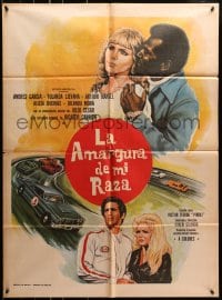 8c370 LA AMARRGURA DE MI RAZA Mexican poster 1974 Galindo, art of cars racing around the track!