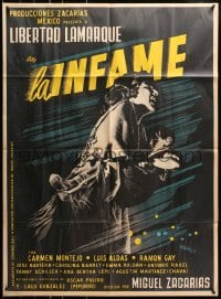 8c376 LA INFAME Mexican poster 1954 cool artwork of mother running & holding child by Josep Renau!