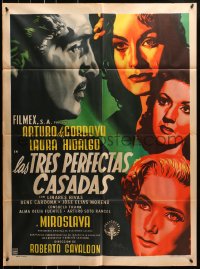 8c383 LAS TRES PERFECTAS CASADAS Mexican poster 1952 Renau art of Arturo de Cordova & pretty women!