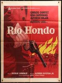 8c416 RIO HONDO Mexican poster 1965 great close-up art of gunslinger's pistol, city in flames!