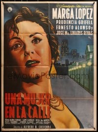 8c425 UNA MUJER EN LA CALLE Mexican poster 1955 super close up art of scared Marga Lopez!