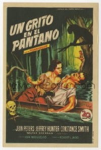 8c188 LURE OF THE WILDERNESS Spanish herald 1953 Soligo art of Jean Peters & Jeff Hunter in swamp!