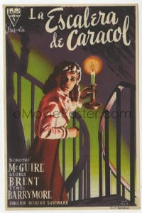 8c279 SPIRAL STAIRCASE Spanish herald 1947 art of scared Dorothy McGuire holding candle on stairs!