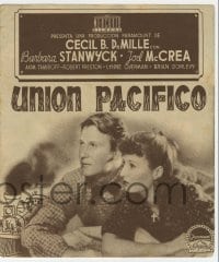 8c302 UNION PACIFIC Spanish herald 1945 DeMille, Barbara Stanwyck, Joel McCrea & cool train art!