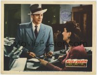 8d617 KISS OF DEATH LC #4 1947 Victor Mature shows gun to girl behind desk, film noir classic!