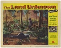 8d628 LAND UNKNOWN LC #6 1957 great image of fake looking dinosaur menacing fake helicopter!