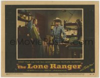 8d642 LONE RANGER LC #4 1956 great close up of masked Clayton Moore pointing gun at bad guy!