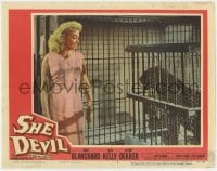 8d825 SHE DEVIL LC #2 1957 close up of sexy Mari Blanchard looking at black panther in cage!