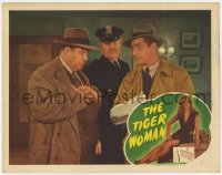 8d902 TIGER WOMAN LC 1945 close up of Kane Richmond in trench coat with Cy Kendall & cop!