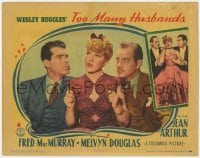 8d916 TOO MANY HUSBANDS LC 1940 close up of Jean Arthur between Melvyn Douglas & Fred MacMurray!
