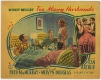 8d917 TOO MANY HUSBANDS LC 1940 Jean Arthur brings shoes to Fred MacMurray & Melvyn Douglas in bed!