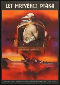 8f238 FLIGHT OF DEAD BIRD Czech 12x16 1975 wild art of man with bird skull by J. Vyletal!