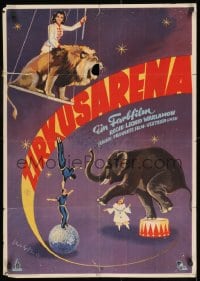 8f493 IN THE CIRCUS ARENA East German 23x33 1951 cool different artwork of Russian circus!