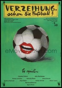 8f548 VERZEIHUNG SEHEN SIE FUSSBALL East German 23x32 1983 soccer ball with lips by Horst Hendt!