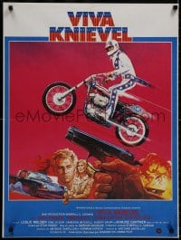 8f341 VIVA KNIEVEL French 23x31 1977 best artwork of the greatest daredevil jumping his motorcycle!