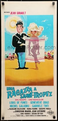8f667 GENDARME OF ST TROPEZ Italian locandina 1964 art of de Funes on beach w/naked girl behind towel!
