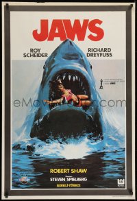 8f075 JAWS Turkish 1981 best different art of classic man-eating shark with sexy girl in mouth!