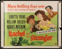 8g849 RACHEL & THE STRANGER style A 1/2sh R1953 William Holden & Robert Mitchum fight over Loretta Young!